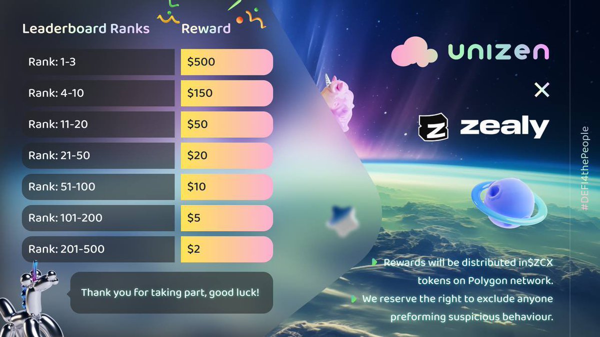 unizen_io's tweet image. We're thrilled to announce the launch of the Unizen @zealy_io Community, and to celebrate, we're giving away $5,000 worth of $ZCX tokens!

Join Here: zealy.io/cw/unizen/invi…

#giveaway #DEFI4thePeople