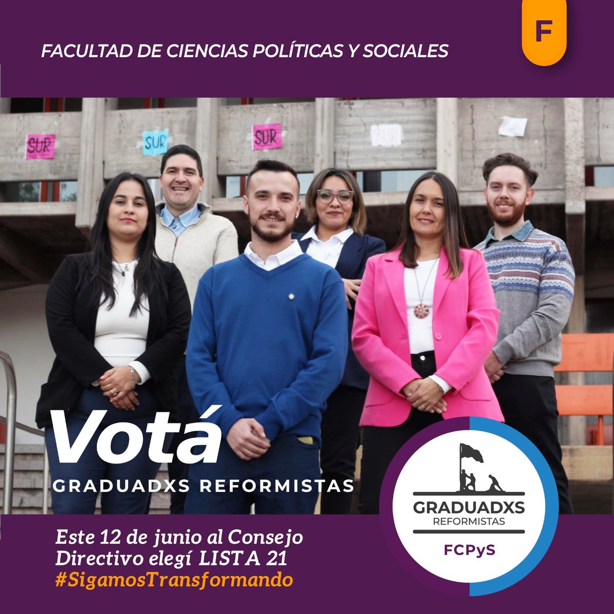👋🏻TUS CANDIDATOS/AS AL CONSEJO DIRECTIVO FCPYS

Este 12 de junio queremos que seas protagonista en el cogobierno de la Facultad. Elegí #GraduadxsReformistas para #SeguirTransformando la UNCUYO🎓