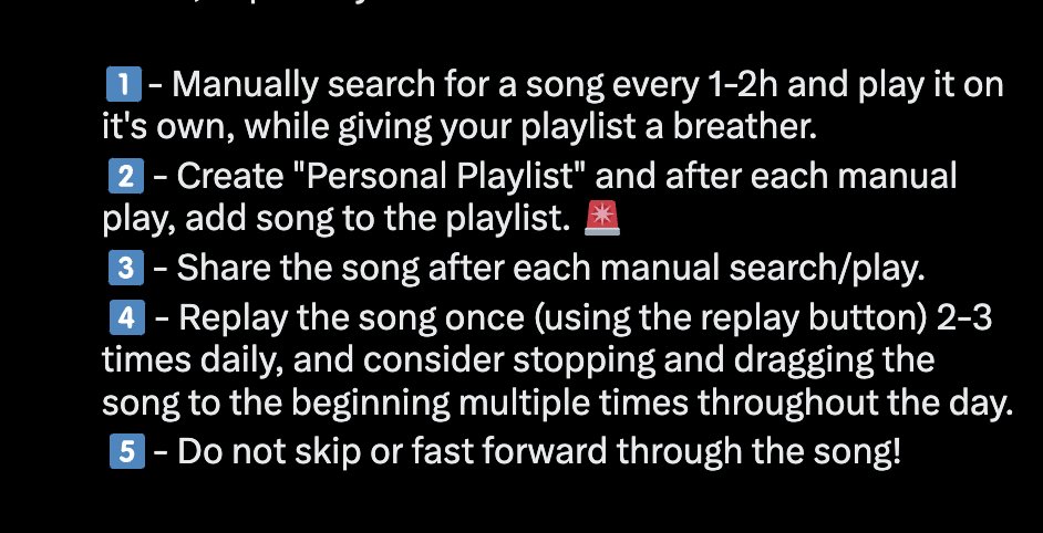 [important🚨]
Follow these algorithmic steps on streaming platforms for JK, especially within the first 24 hours:

1⃣- Manually search for a song every 1-2h and play it on it's own, while giving your playlist a breather.
2⃣- Create 'Personal Playlist' and after each manual play,