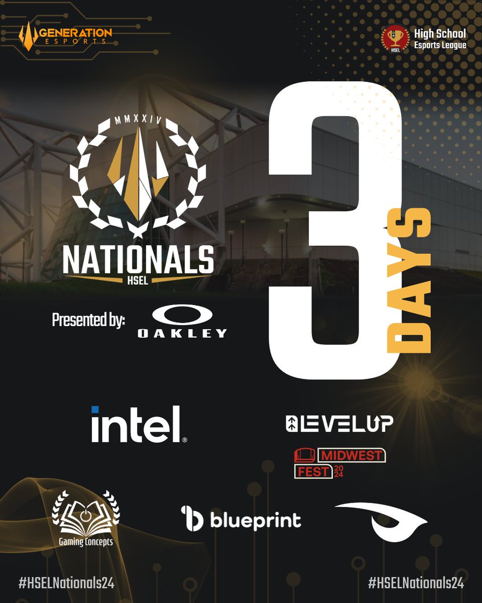 ３－Ｄａｙｓ until the In-Person #HSELNationals24 presented by <a href="/oakley/">Oakley</a> being held during <a href="/MidwestFestGG/">Midwest Fest @ Planet Comicon</a> at <a href="/HyVeeArena/">Hy-Vee Arena</a> and @leveluparenagg on June 7-9!

#Valorant, #RocketLeague, #SSBU, #Brawlhalla teams will all be looking to secure the #HSEL Trident this Sunday!

<a href="/intel/">Intel</a>