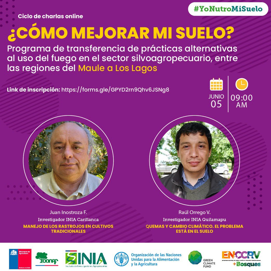 📣Este miércoles continuamos con este ciclo de charlas que organiza <a href="/iniachile/">INIA Chile</a> con apoyo de <a href="/conaf_minagri/">CONAF - Corporación Nacional Forestal</a> y <a href="/FAOChile/">FAO Chile</a> 

Los esperamos 💚 
#YoNutroMiSuelo 🌱

✅Link de registro forms.gle/GPYD2rn9Qhv6JS…