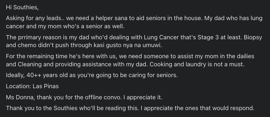 SouthSnippets's tweet photo. Sharing for a Southie:

Looking for a middle-aged helper for Seniors in Las Pinas. More details in the screengrab.

#HelpASouthieOut https://t.co/9SEDsCsdff