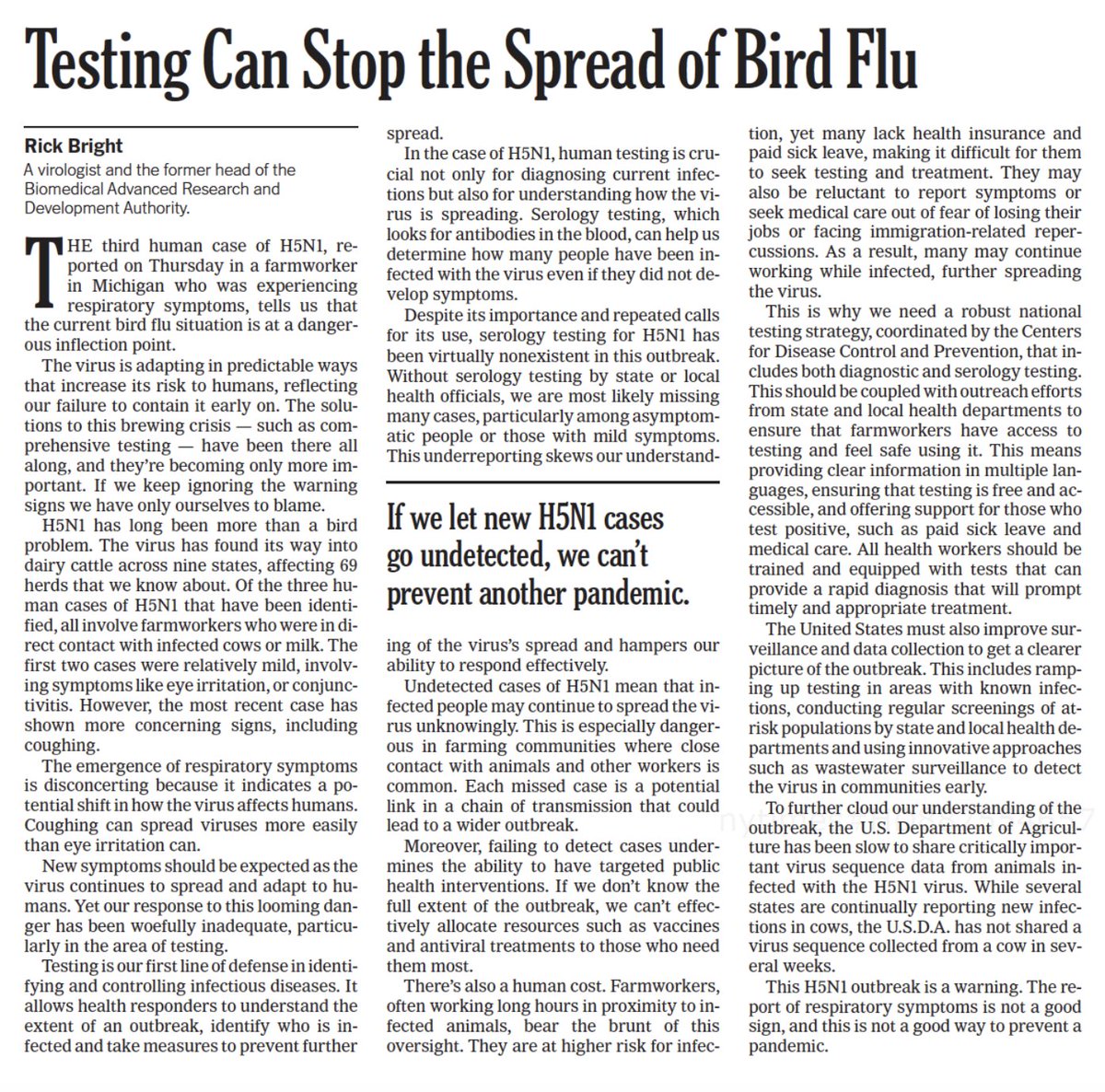 He's right. @RickABright on #H5N1 nytimes.com/2024/06/02/opi… Lack of cow virus sequencing data and lack of serology testing in people keep us in the dark