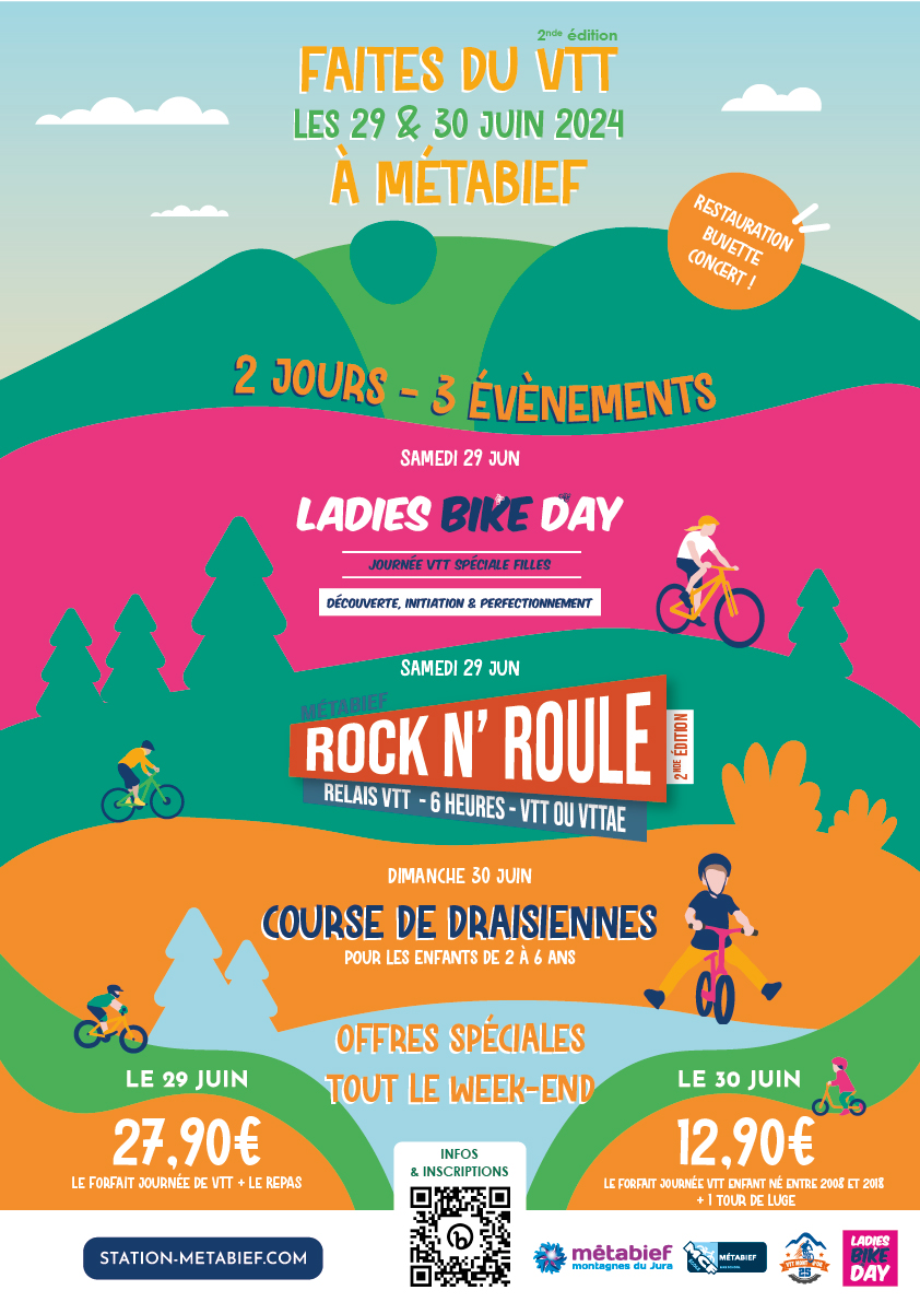Les 29 et 30 Juin, Faites du VTT à Métabief !
 2 jours, 3 évènements :
👚 Ladies Bike Day 
🚵‍♀️ Rock N Roule 
👦Course de draisienne 
Un week-end festif avec buvette restauration sur place , concert le samedi soir et des offres spéciales. 
ℹ️station-metabief.com/fr/faites-du-v…