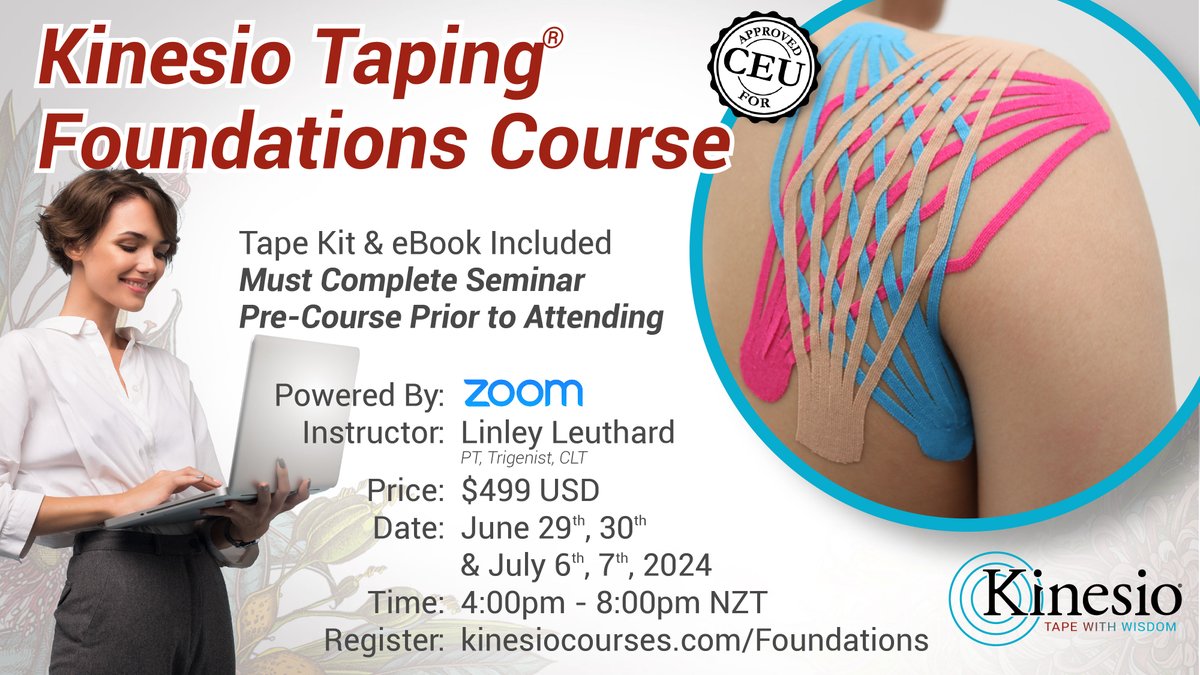 NOW AVAILABLE! Zoom Kinesio Taping Foundations in Australia and New Zealand. Feel the difference! Kinesio practitioners report high patient satisfaction and compliance. Get your Certified Kinesio Taping Practitioner certification in just two days. #CKTP #TAPEWITHWISDOM