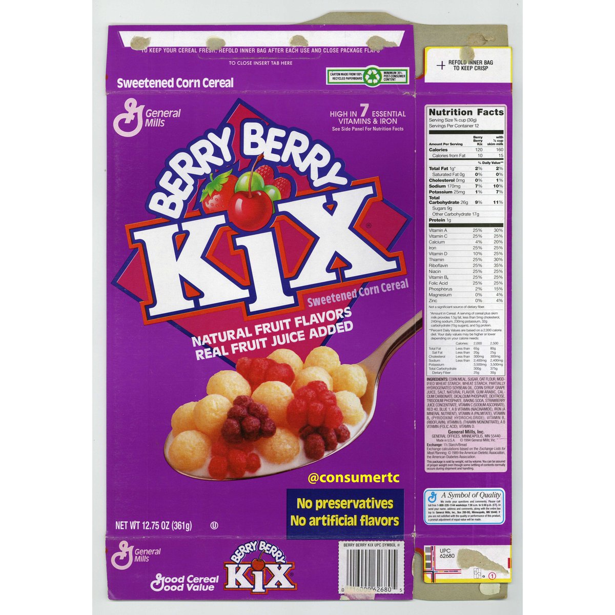 consumertc's tweet photo. I'm pretty sure some iteration of Berry Berry Kix is still around, but nothing compares to the original... those berry clusters were something special. (1993) https://t.co/lzwQW9Y3N5