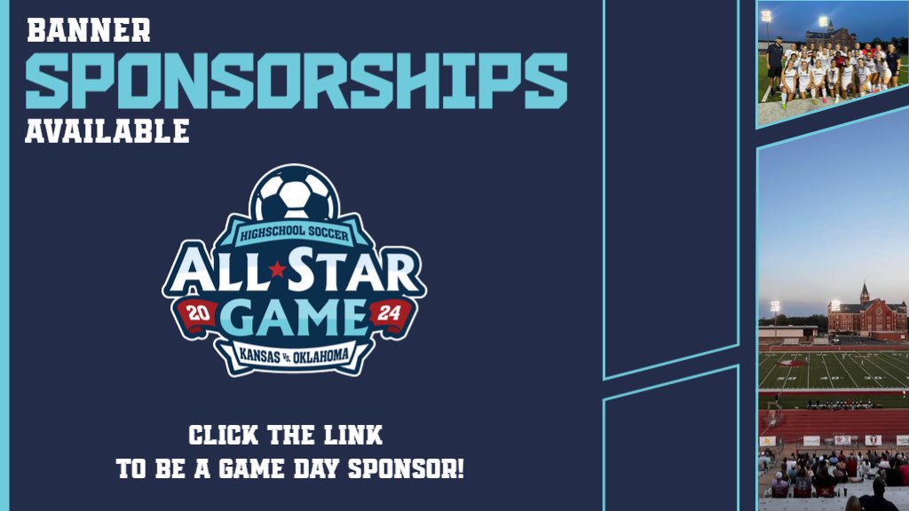 KSvsOK_AllStar's tweet photo. The 3rd annual Kansas 🆚 Oklahoma high school All Star Game is July 20! 

We’ve added a high school boys game this summer! ⚽️ ⭐️ ⚽️ ⭐️ 

Become a Banner Sponsor for both games! Sign up link to be a game day sponsor below ⬇️ 

https://t.co/XiCDkI7B1H https://t.co/5WjnJixoGE