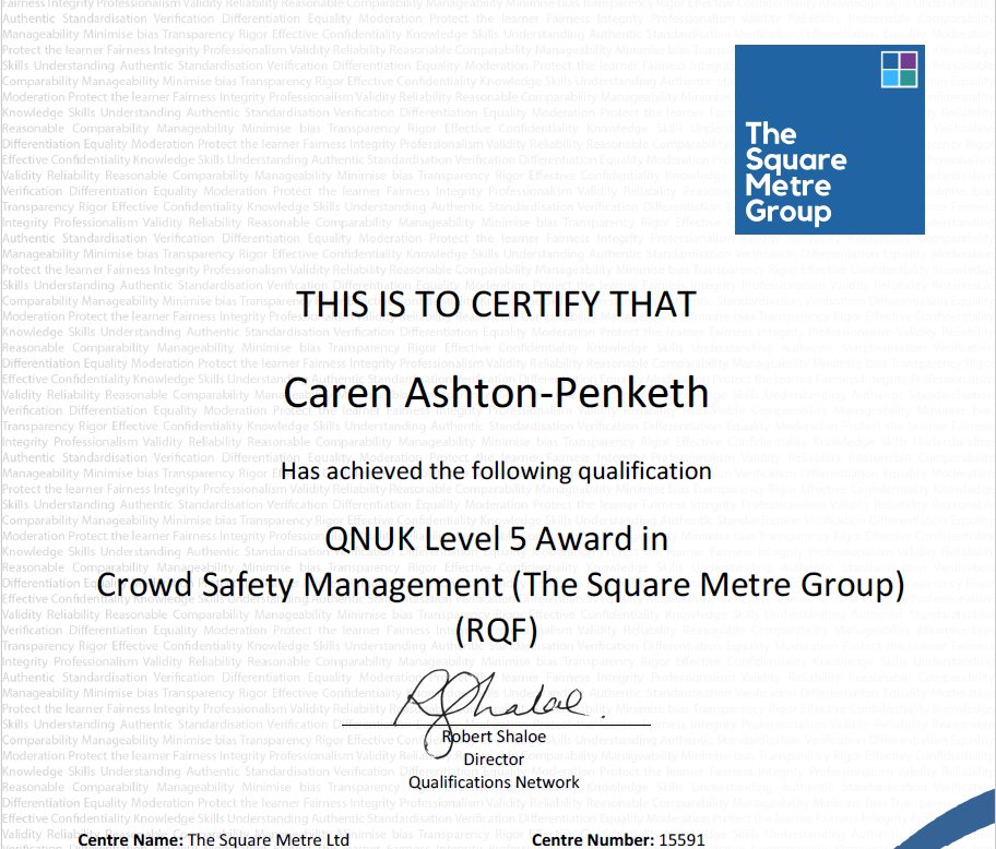 CarenAP1's tweet photo. Super chuffed to have passed my Level 5 in Crowd Management!! @TheSquareMetre group have extensive knowledge and materials to learn from. Thank you - great course!! Essay, report, research and training - done!! Lets put it all into practice! https://t.co/MfjGEnetw0