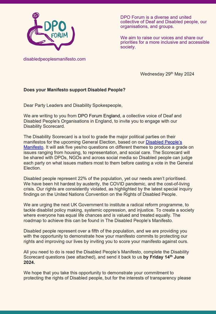 DisRightsUK's tweet image. 📢This #UKGeneralElection2024 we have sent political parties our Disability Scorecard. 

Based on the Disabled People&apos;s Manifesto, it asks parties to score their policies against what Disabled people need. 

They have until Friday 14th June to respond.

disabledpeoplesmanifesto.com