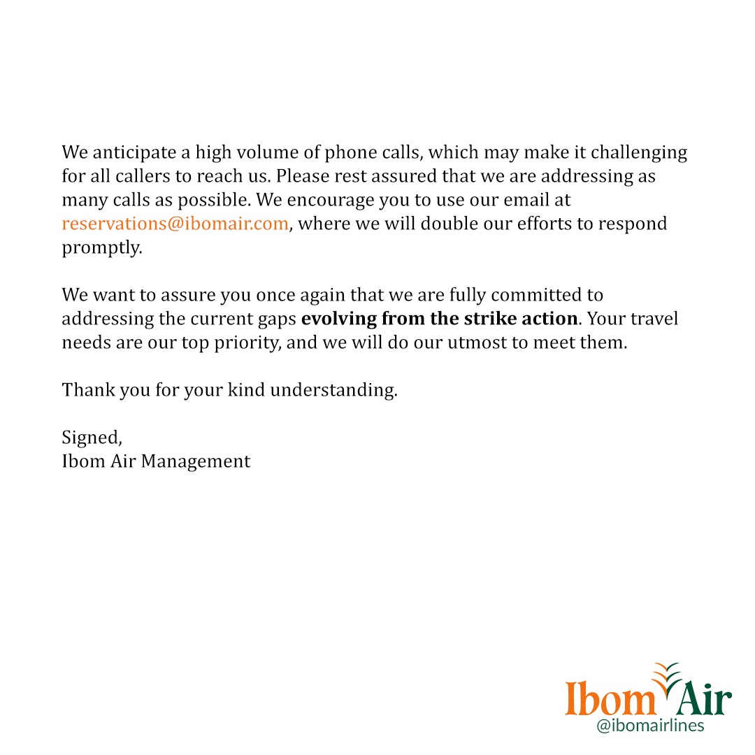 ibomairlines's tweet photo. June 4, 2024

Flight Resumption Post Labour Strike

We are pleased to announce that Ibom Air will resume flight operations today to begin catching up on the backlog.

However, we will only operate flights from Lagos to Accra and back, Lagos to Abuja &amp; back, Lagos to Uyo &amp; back https://t.co/T9Oetrt4Ca
