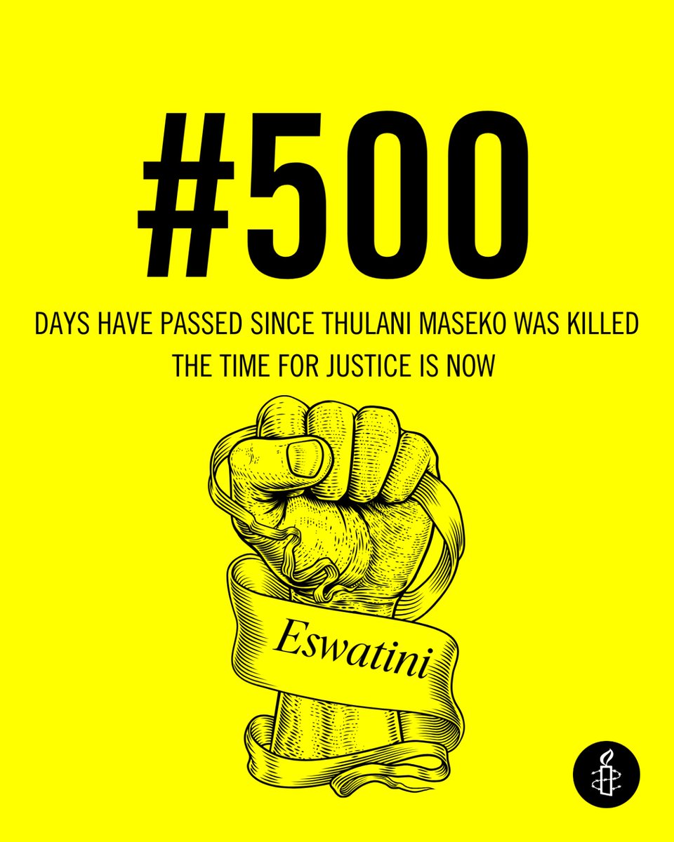 4 June 2024 marks 500 days since the brutal killing of Thulani Maseko.  It is 500 Days of Impunity: Demand Justice for #ThulaniMaseko 
One Voice, One Demand: 
amnesty.org/en/latest/camp…