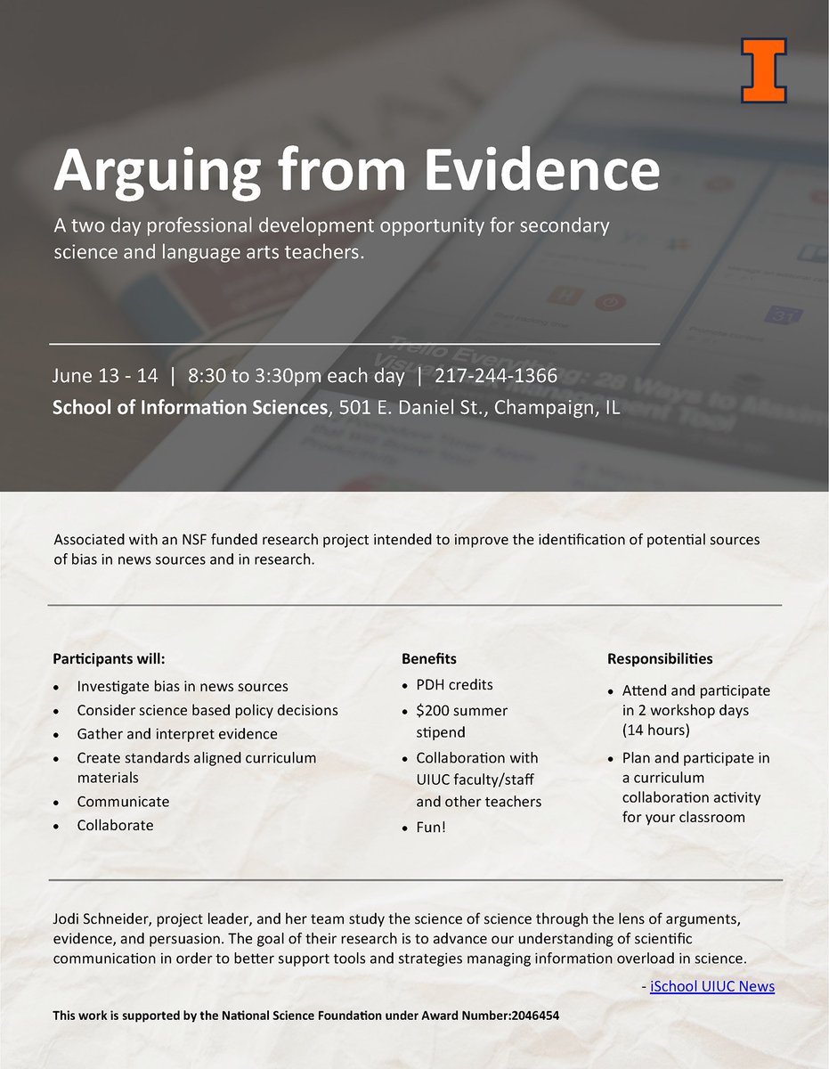 Secondary Science and Language Arts Teachers 📷 Join this 2-day professional development workshop on June 13-14 to learn how to investigate bias in news sources!
Benefits include PDH credits, a $200 summer stipend, and an opportunity to collaborate with UIUC faculty/staff.