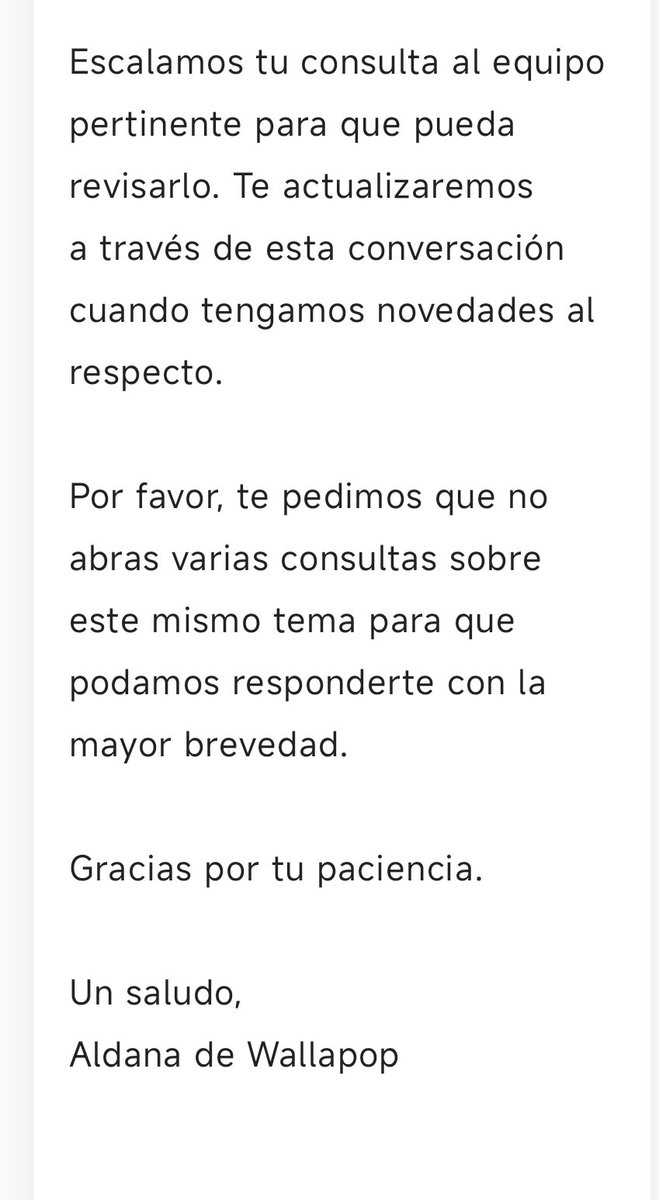 pastry's tweet photo. @wallapop , Solo hay maquinas en atención al cliente? Les dices que no funciona su servicio de chat y te contestan con un mensaje al que no puedes responder, pero esos si te dan 48 horas para responder. Decepcionante @wallapop https://t.co/tNmOqpGFlp