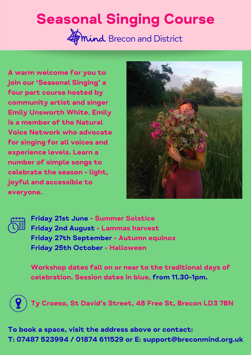 BreconMind's tweet image. Come and join our Seasonal Singing Course starting Friday 21st June open to all voices and abilities, and learn simple songs to celebrate the season!