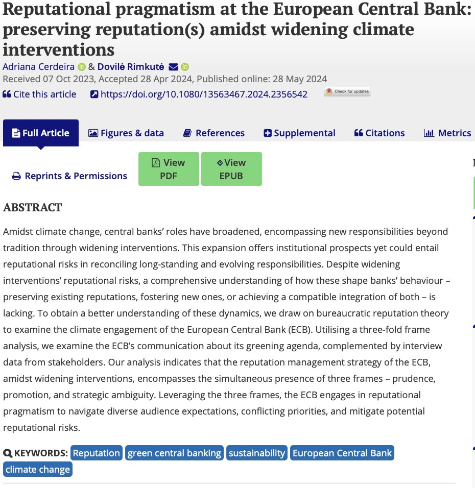 Check out our new publication with <a href="/CerdeiraAdriana/">Adriana Cerdeira</a>, 'Reputational Pragmatism at the European Central Bank,' in New Political Economy:tandfonline.com/doi/full/10.10…
#Reputation #Greencentralbanking #sustainability #ECB #Climatechange 
<a href="/PA_UniLeiden/">PA - LU</a> <a href="/fggaleiden/">UniLeiden FGGA</a>
