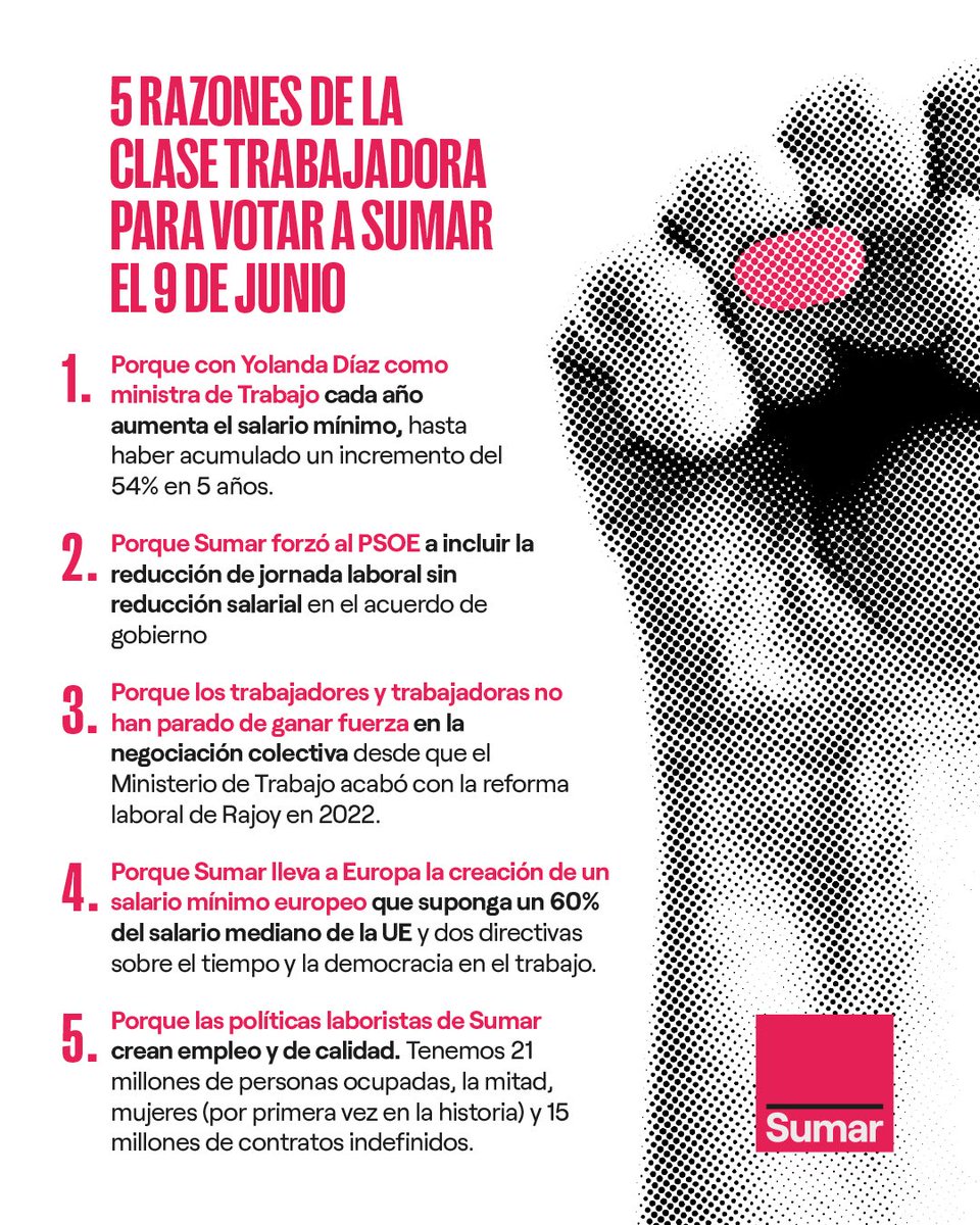 🖐️ Cinco razones de la clase trabajadora para votar a Sumar el 9 de junio.