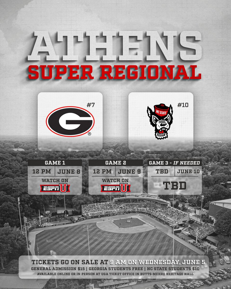 BaseballUGA's tweet image. 𝐇𝐨𝐦𝐞 𝐒𝐰𝐞𝐞𝐭 𝐇𝐨𝐦𝐞

Georgia will host NC State in the NCAA Athens Super Regional this weekend. 

Tickets will go on sale 𝑻𝑶𝑴𝑶𝑹𝑹𝑶𝑾 𝒂𝒕 9 𝑨.𝑴.
🎟️ gado.gs/bba

#GoDawgs