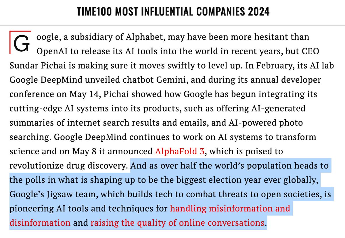 I’m grateful that  <a href="/TIME/">TIME</a> magazine has elevated <a href="/Jigsaw/">Jigsaw</a>’s portfolio in recent articles and just now in recognizing Google as one of the TIME100 Most Influential Companies 2024:

Read more here: time.com/6979988/google