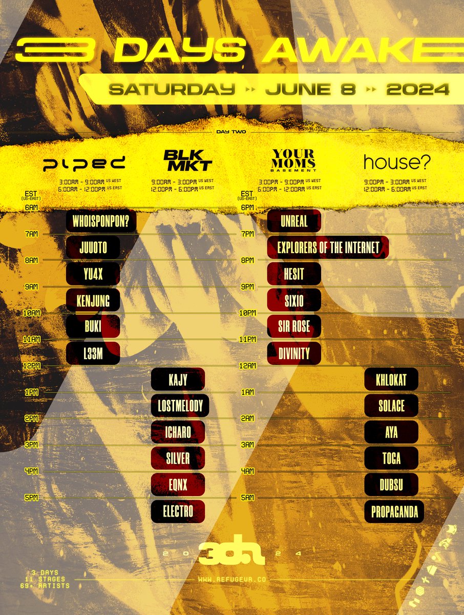 3DA: 3 Days Awake 

Day 2: Techno &amp; Club
Saturday ◦ June 8th ◦ 2024  

✦ 3am PST 
✦ 6am EST 
✦ 12pm CET 
✦ 7pm JST