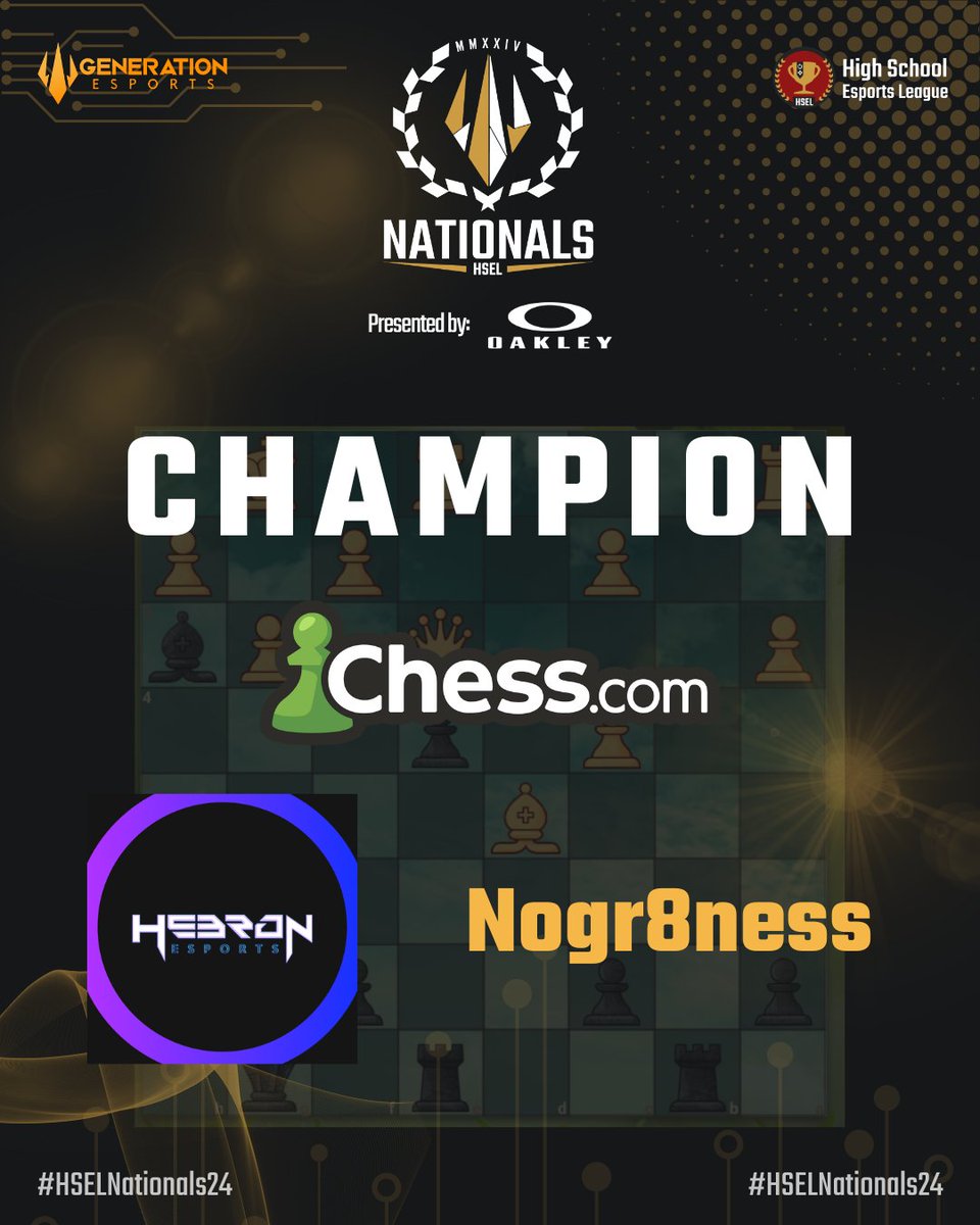 Congratulations to all the champions from last weekend's Online #HSELNationals24 presented by <a href="/oakley/">Oakley</a>!

(1/7) - Champions of #HSEL Nationals for <a href="/chesscom/">Chess.com</a> is Nogr8ness from <a href="/hebronesports/">Hebron eSports</a> out of Texas.

<a href="/JoinGenEsports/">Generation Esports</a>