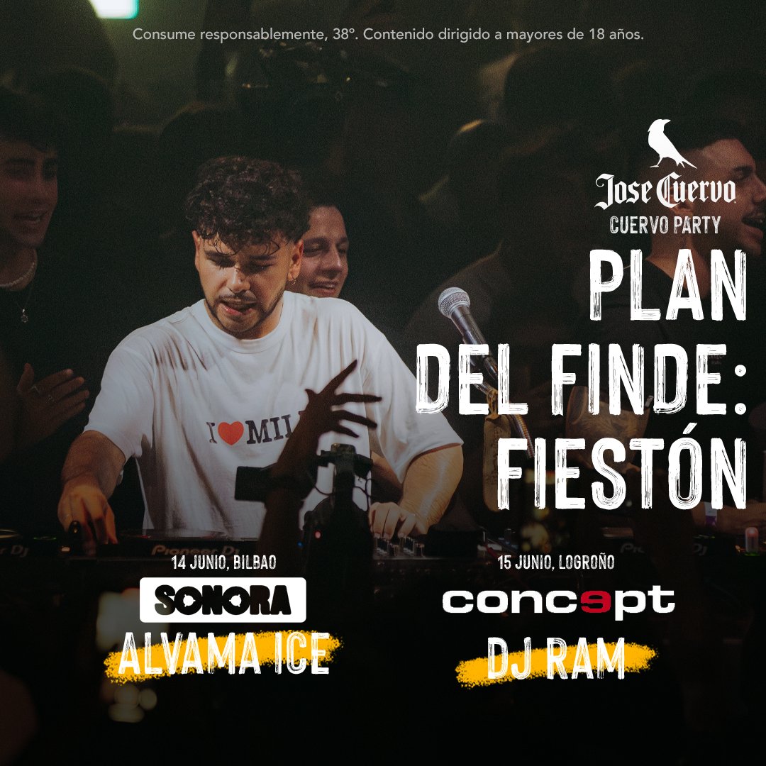 Jose Cuervo España (@josecuervo_es) on Twitter photo Si estás por Bilbao o Logroño te esperan un par de planazos muy locos 😎
📍Alvama Ice 14 de junio en Sala Sonora Bilbao
📍Dj Ram 15 de junio en Sala Concept Si estás por Bilbao o Logroño te esperan un par de planazos muy locos 😎
📍Alvama Ice 14 de junio en Sala Sonora Bilbao
📍Dj Ram 15 de junio en Sala Concept