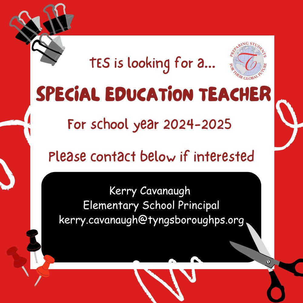 Tyngsborough Elementary School is hiring a Special Education Teacher for the upcoming 24-25 school year! ￼￼￼

If interested in this position please send your letter of interest, resume, proof of licensure, and recommendation letters to the contact listed below. #tpsprepares