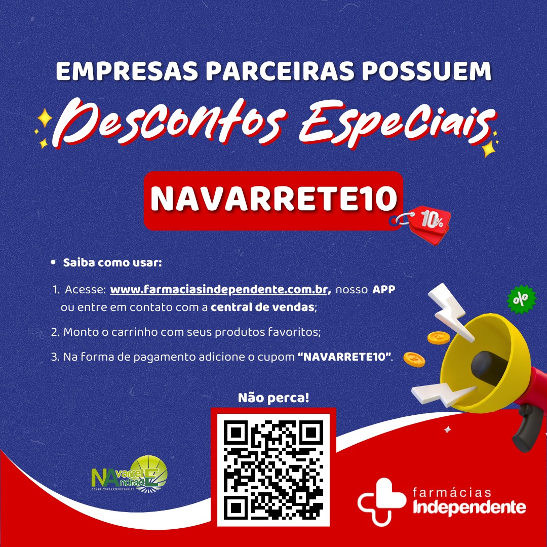 NavarreteAndrad's tweet photo. Nova Parceria com a Farmácia Independente Ano 2024 (TERCEIRO ANO CONSECUTIVO): Queridos, à NAVARRETE&amp;ANDRADE CONSULTORIA EMPRESARIAL, fez nova parceria com a FARMÁCIA INDEPENDENTE e conseguiu desconto de 10% nas compras nos canais digitais, é só usar  CUPOM: NAVARRETE10. https://t.co/0PoVxf8nET