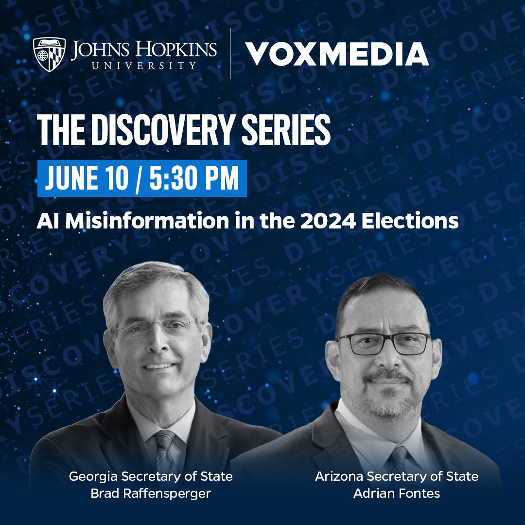On 6/10, join #HopkinsBloombergCenter for the inaugural #DiscoveryJHBC event presented by @JohnsHopkins & @voxmedia. It'll feature @karaswisher interviewing @OpenAI’s @miramurati & a panel on election disinformation with @AZSecretary & @GaSecofState. More: bit.ly/3KrRcPZ