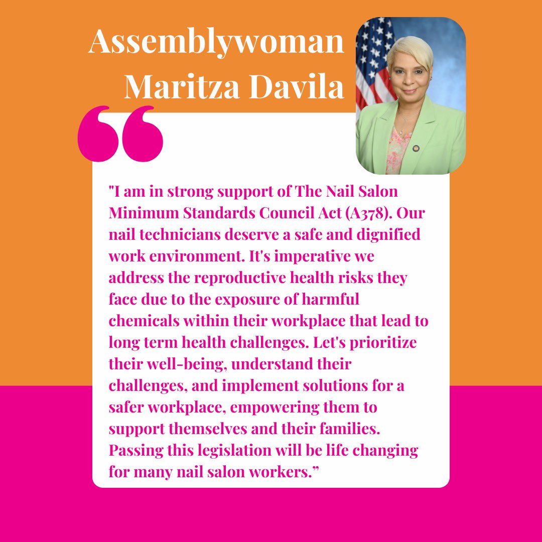 Thank you <a href="/DavilaAssembly/">Maritza Davila</a> for your advocacy around the Nail Salon Minimum Standards Council Act. Let’s get it passed this year!