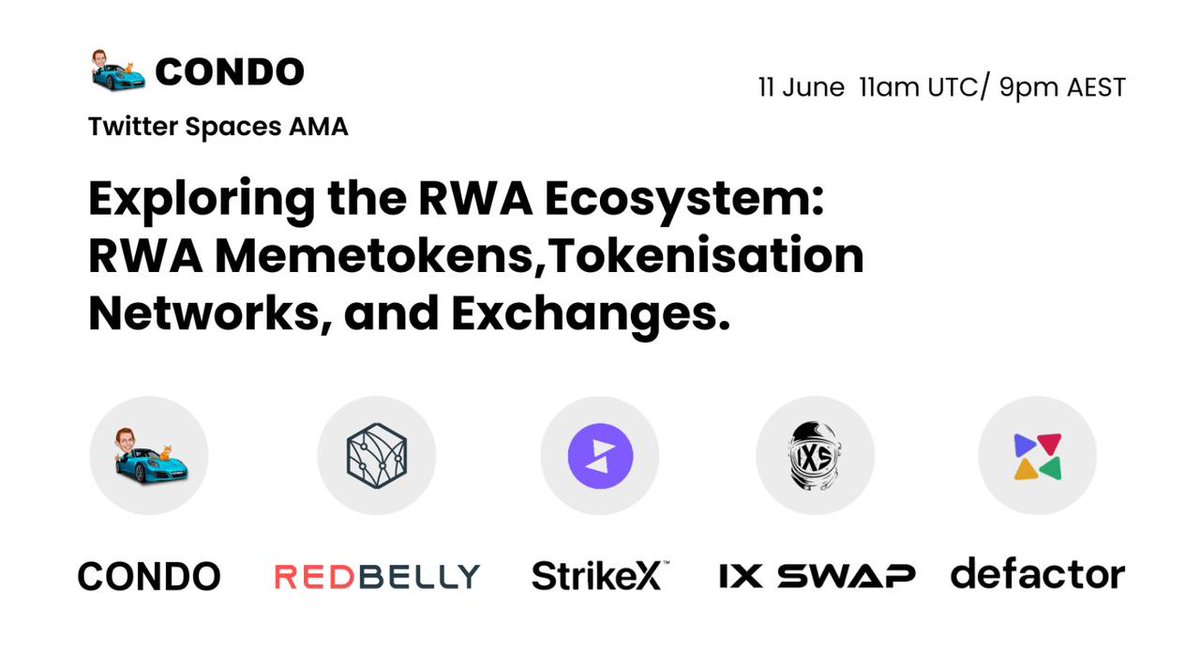 Exciting news! Our next spaces is locked in for June 11th 11am UTC/ 9pm AEST.

We’re thrilled to host an incredible lineup of real-world asset projects: <a href="/RedbellyNetwork/">Redbelly Network</a>, <a href="/TradeStrikeBVI/">StrikeX</a>, <a href="/IxSwap/">Decrepit</a>, and <a href="/defactor_/">Defactor</a>. Join us for a deep dive into the #RWA ecosystem.