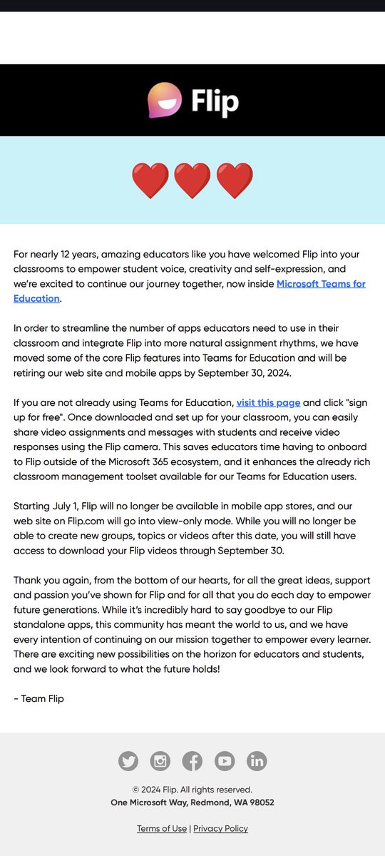 If you haven't heard, Microsoft Flip as we know it is being retired. 

So many emotions. Sad. Grateful. Disappointed. Thankful. 

I've seen EdTech tools and companies come and go for the last 12+ years. 

Flipgrid was different. (Yes, in the end it was called Microsoft Flip, but