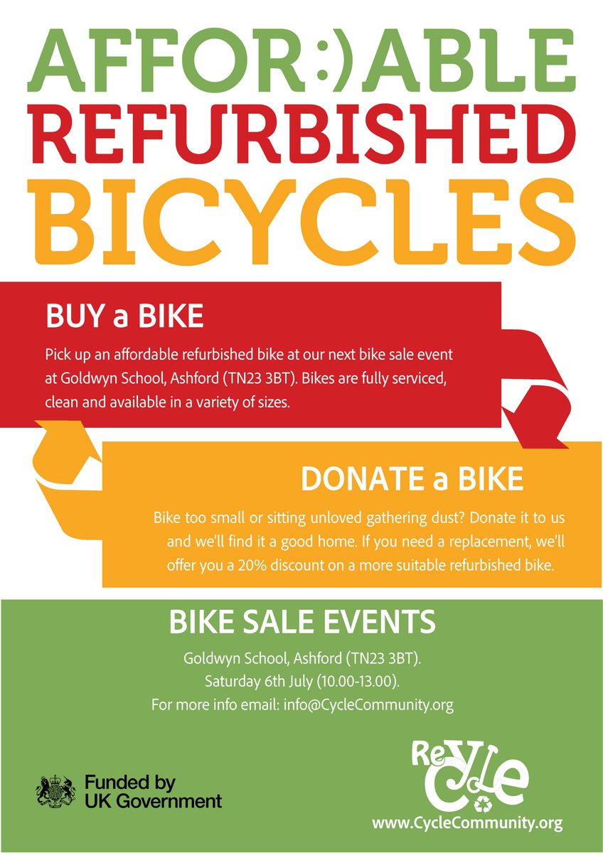 CycleCircle1's tweet photo. Our next Affordable Refurbished Bicycle sale is on Saturday 6th July at Goldwyn School (TN23 3BT), 10-1.  We've got very good stock levels.  Please share. https://t.co/frCP5nga2I