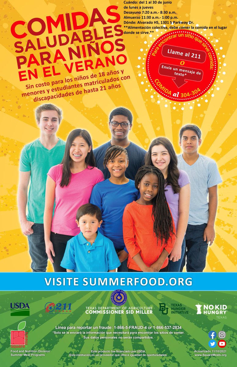 Alvarado ISD offers free meals for scholars 18 and younger this summer on Monday-Thursday from now until June 30. Breakfast is 7:20-8:30 a.m. and lunch is 11:30 a.m. - 1 p.m. Those who participate in the program must eat the meal at the school, the meal cannot leave the campus.