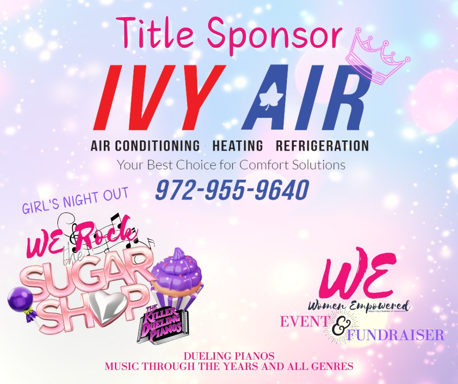 Don't miss W.E. ROCK GIRLS NIGHT OUT: Dueling Pianos &amp; Fundraiser Presented by Ivy Air
Ivy Air knows how to have a SWEET time and they are bringing the fun to W.E. ROCK the Sugar Shop! 
Tickets are still available! Register Here: cca.roysecitychamber.com/EvtListing.asp…