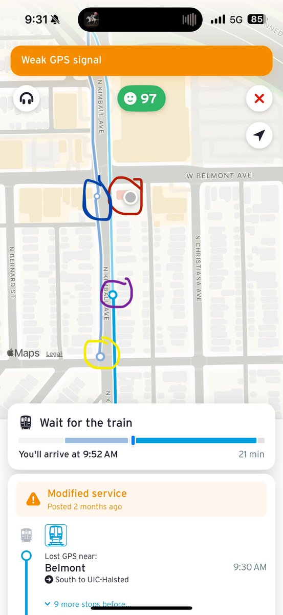 Hello_Gello's tweet photo. Hey, @transitapp. Some time ago (months?  years?), I reported a bug. The app shows a transfer from @cta 82 bus to Blue Line incorrectly.  It suggests Kimball/Barry when it should suggest Kimball/Belmont to get on at Belmont Blue Line. The Blue Line stop location is off. Any fix? https://t.co/1jgOQRQhwy