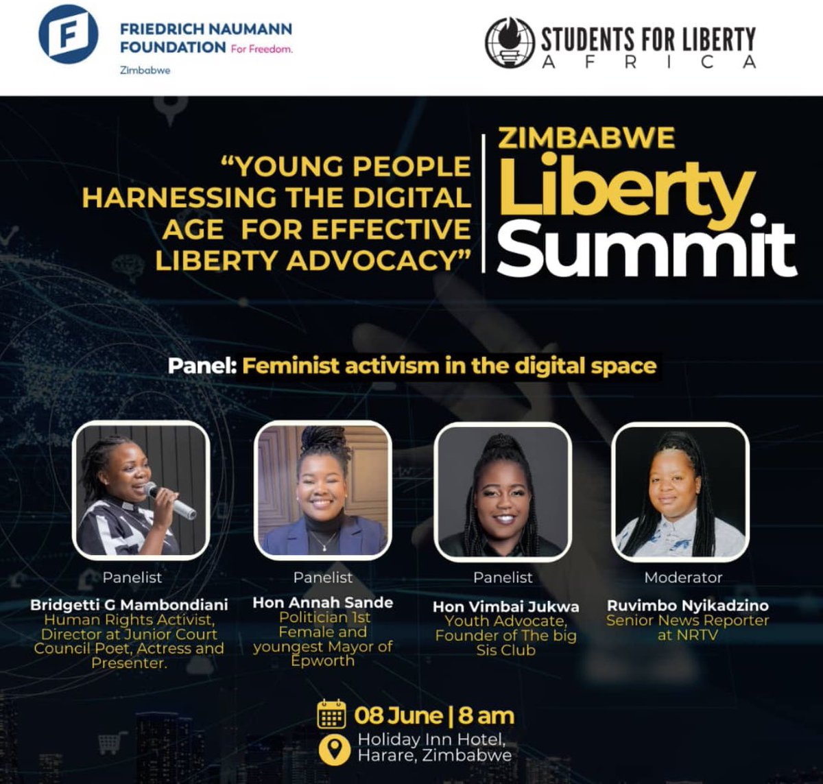 Ruegraced's tweet photo. Excited to moderate the upcoming event: "Young People Harnessing the Digital Age for Effective Liberty Advocacy with Zimbabwe Students For Liberty

Let's explore how technology can be leveraged to promote freedom, justice and human rights.
@FNF_Africa https://t.co/RTqo9KWvzO