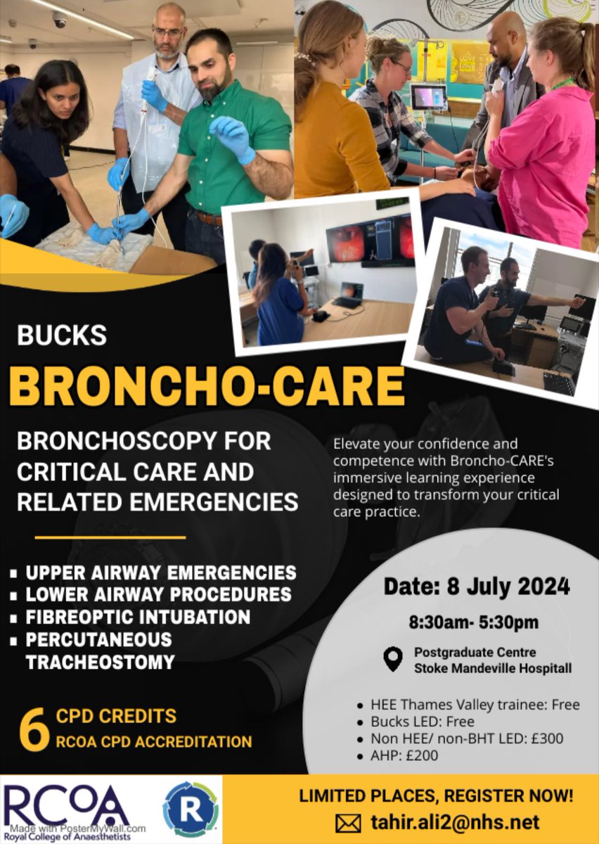 Next BronchoCARE is ready. Most spaces already filled. RCOA CPD accredited. 
* Bronchoscopy for ICU
* Percutaneous Tracheotomy 
* Awake Fibreoptic Intubation

Expert faculty.
Great feedback from previous courses. 
Fantastic catering from locally owned businesses.
<a href="/TahirAl14/">Tahir Ali</a>