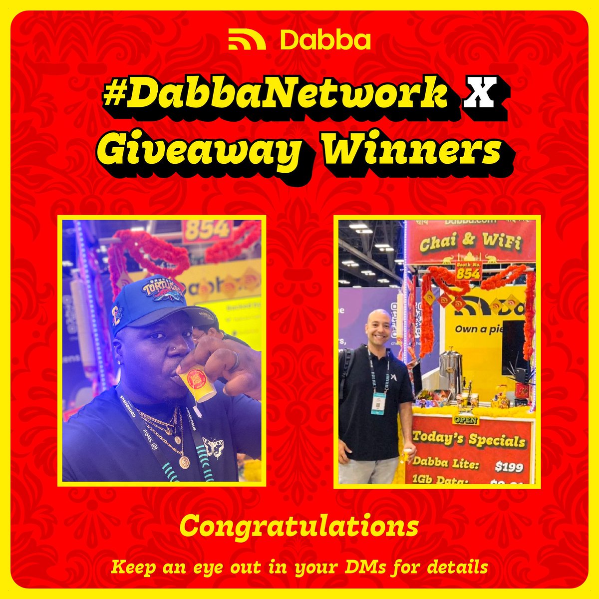 DabbaNetwork's tweet image. HORN OK PLEASE!📯

The winners of our Dabba Hotspot Giveaway from #consensus2024 are
@MDCryptoSniper  &amp;amp; @AsafNadler 🎉

Huge thanks to everyone who stopped by our booth and shared the vibes with our digital community! We loved seeing your entries.