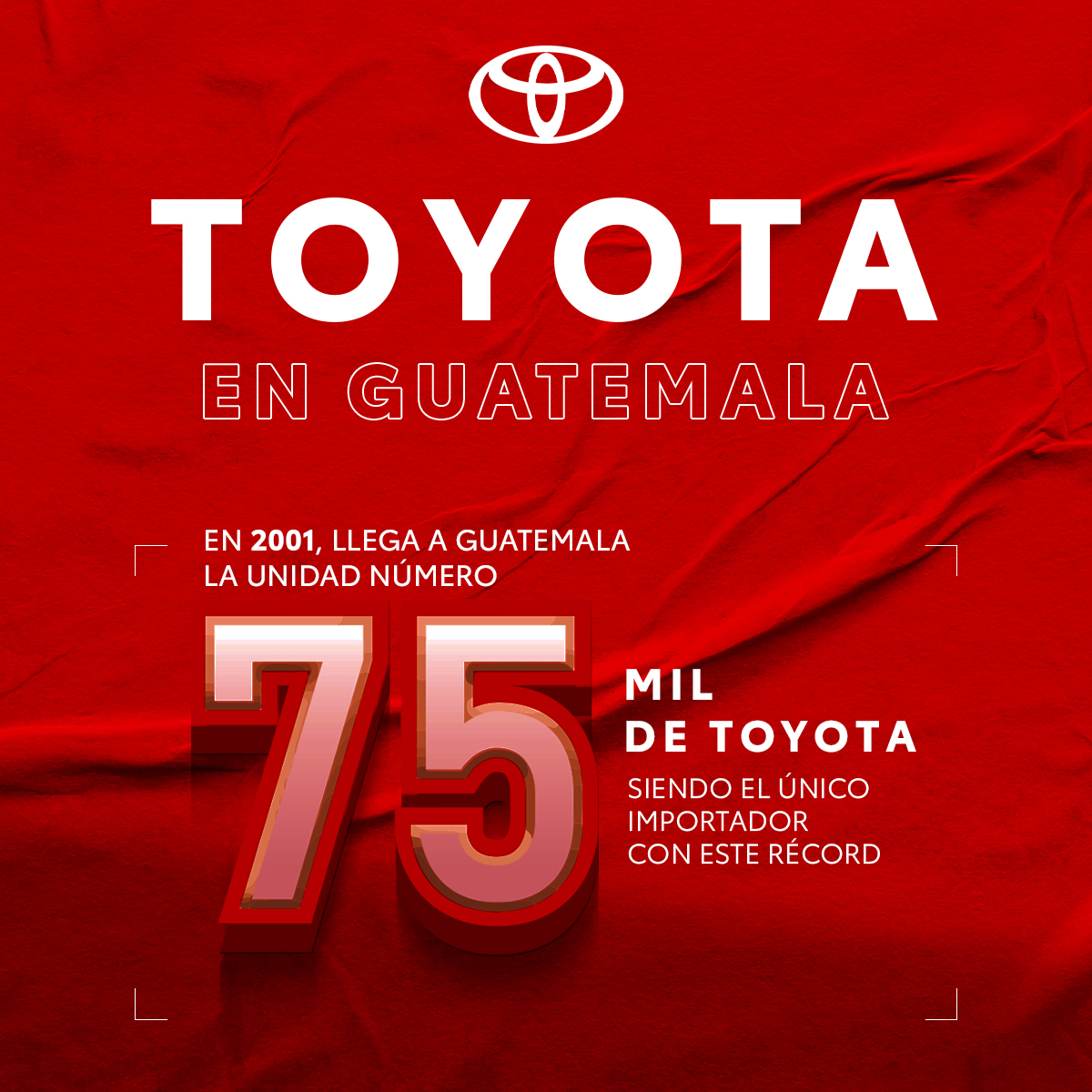 En 2001 Toyota marca un hito importante en Guatemala. La unidad número 75mil es importada a Guatemala convirtiéndose así en el único importador con este record.

#ToyotaGuatemala #LoMioEsToyota #ToyotaEnGuatemala