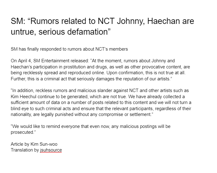 jsuhsource's tweet photo. 240604 - SM: “Rumors related to NCT Johnny, Haechan are untrue, serious defamation”

"(...) we will (...) ensure that the relevant participants, regardless of their nationality, are legally punished without any compromise or settlement.”" 

🔗https://t.co/0zzL8veHey https://t.co/KCRxXTAsdC