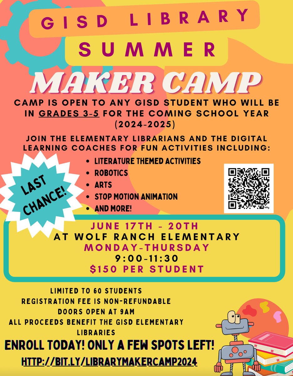 Wolf Ranch Elementary Library (@wre_library) on Twitter photo Just 3 spots remaining! Join us for literature themed activities, including robotics, stop motion, green screen, Class VR, arts, & more! #makercamp #vr #robitics #stopmotion #greenscreen <a href="/GeorgetownISD/">Georgetown ISD</a> <a href="/GISDDigiLearn/">GISD Digital Learning Navigating Innovation w/ You</a> <a href="/WolfRanchElem/">Wolf Ranch Elementary</a> georgetownisd.revtrak.net/WS-Redirect/?w… Just 3 spots remaining! Join us for literature themed activities, including robotics, stop motion, green screen, Class VR, arts, & more! #makercamp #vr #robitics #stopmotion #greenscreen <a href="/GeorgetownISD/">Georgetown ISD</a> <a href="/GISDDigiLearn/">GISD Digital Learning Navigating Innovation w/ You</a> <a href="/WolfRanchElem/">Wolf Ranch Elementary</a> georgetownisd.revtrak.net/WS-Redirect/?w…