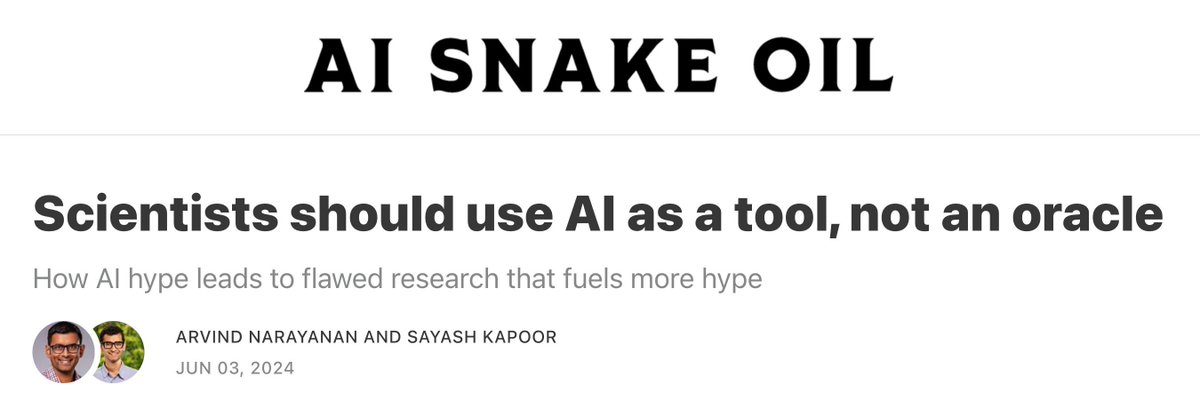 woojinrad's tweet image. 🌟 Another excellent #AISnakeOil post by @random_walker and @sayashk discusses how #AIhype can lead to flawed research due to errors like data leakage and lack of reproducibility. It is a crucial call to maintain skepticism and prioritize transparency. 

buff.ly/4ei8o8y