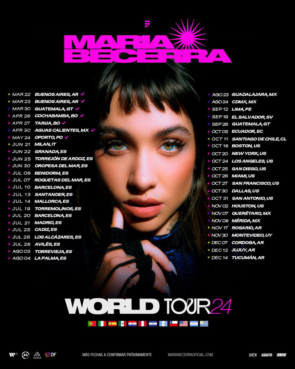 MariaBecerra22's tweet photo. NOS VAMOS DE TOUR 🥹🌎 Que emoción poder contarles que este año el #TOUR24 va a estar llegando a toooodas estas ciudades de Italia, España, México, Perú, El Salvador, Guatemala, Ecuador, Chile, Estados Unidos, Uruguay y por supuesto de mi hermosa Argentina 🇮🇹🇪🇸🇲🇽🇵🇪🇸🇻🇬🇹🇪🇨🇨🇱🇺🇸🇺🇾🇦🇷

Hace algunos años no hubiera imaginado poder llevar mi música a lugares tan lejos de casa y ver como poco a poco se hace realidad me llena el corazón de alegría 😍🙏🏽🙏🏽 GRACIAS por ser parte y acompañarme todo este tiempo! 

Pueden encontrar toda la info de los tickets en https://t.co/ZteniZ1opo ❤️❤️

VENTA GENERAL DESDE ESTE VIERNES 7 🎫 
-------------------------------------------------------------
WE ARE GOING ON TOUR 🥹🌎 I'm so excited to announce that this year the #TOUR24 will be coming to all these cities in Italy, Spain, Mexico, Peru, El Salvador, Guatemala, Ecuador, Chile, the United States, Uruguay, and of course my beautiful Argentina 🇮🇹🇪🇸🇲🇽🇵🇪🇸🇻🇬🇹🇪🇨🇨🇱🇺🇸🇺🇾🇦🇷

A few years ago, I wouldn't have imagined being able to bring my music to places so far from home. Seeing it become a reality fills my heart with joy 😍🙏🏽🙏🏽. THANK YOU for being a part of this and for supporting me all this time!

You can find all the ticket info at https://t.co/ZteniZ1opo ❤️❤️

TICKETS ON SALE THIS FRIDAY 7 🎫

@aegpresents @WassermanMusic @magnusmedia @dfallaccess