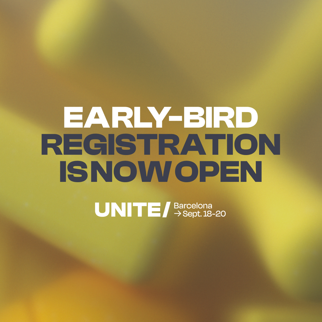 #Unite2024 is open for registration!

Join us in beautiful Barcelona on September 18–20 to learn about the latest Unity developments, dive deep into technical talks, connect with new and old friends, and attend memorable parties!

Grab your early-bird tickets before they’re sold…