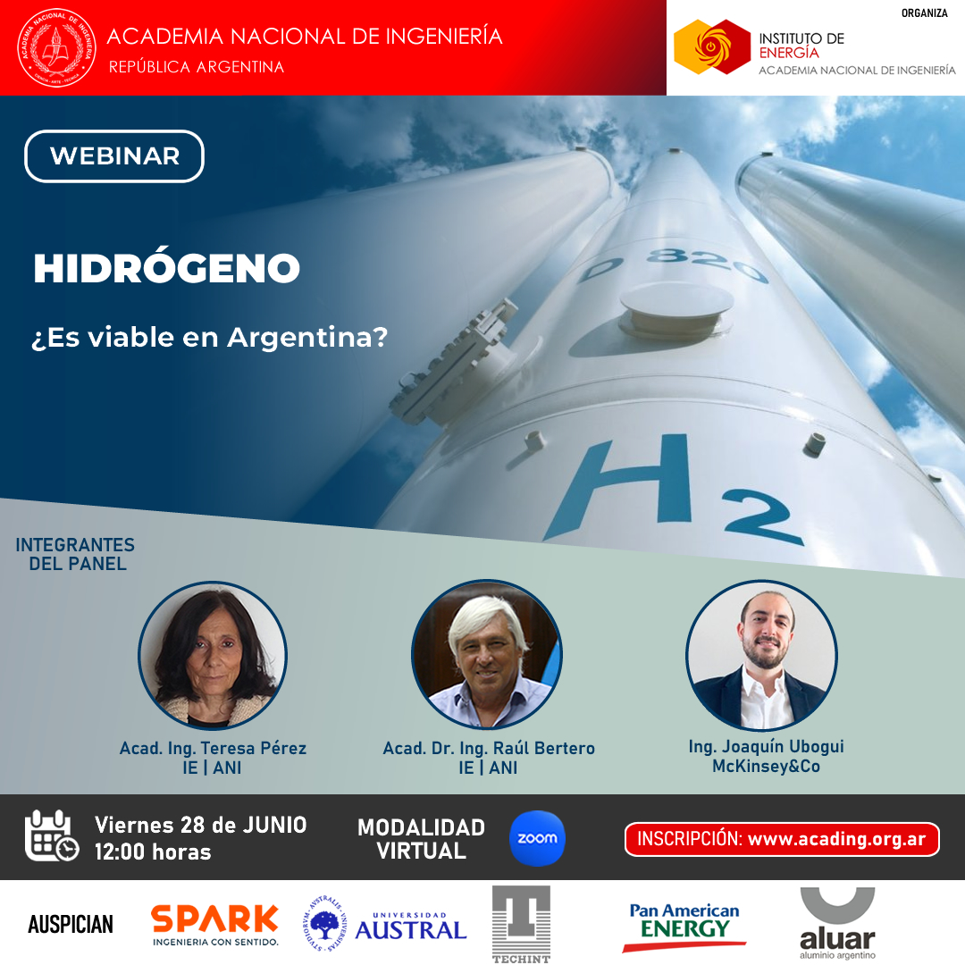 Invitamos a participar del webinar sobre "Hidrógeno ¿Es viable en Argentina?" Participarán del panel la Ing. Teresa Pérez, el Dr. Raúl Bertero y el Ing. Joaquín Ubogui. Día: viernes 28/6 a las 12 horas VIRTUAL. Inscripción: eventbrite.com.ar/e/hidrogeno-es…