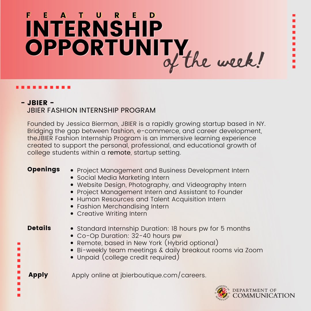 Internship opportunity of the week with JBIER! 💼💪
    jbierboutique.com/careers

See this and other opportunities on the COMMLIST listserv &amp; its archives on COMM Advising ELMS page.

*Posting an opportunity does not constitute an employer endorsement by the UMD COMM department.*