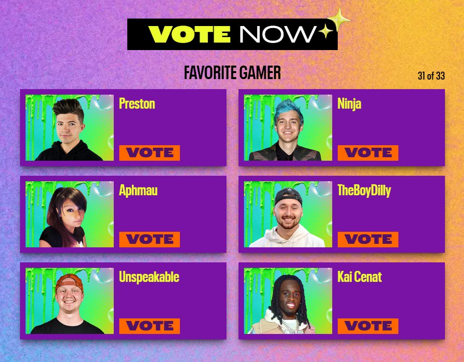 Okay so yesterday I found out that I was a nominee for a Nickelodeon Kids Choice Award for Favorite Gamer?!?! 

Someone at Nickelodeon must love Fortnite cuz whaaat!? 😳

Seriously an incredible honor especially looking at the caliber of the other nominees! 💛