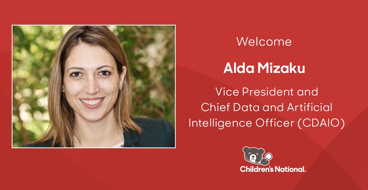 Children's National Hospital 🏥 (@childrensnatl) on Twitter photo We're excited to announce that Alda Mizaku has joined us as VP & chief data and artificial intelligence officer (CDAIO). In this new role, Alda will oversee an expanded team handling important data, while making smart choices with new tech like AI. …ovationdistrict.childrensnational.org/alda-mizaku-na… We're excited to announce that Alda Mizaku has joined us as VP & chief data and artificial intelligence officer (CDAIO). In this new role, Alda will oversee an expanded team handling important data, while making smart choices with new tech like AI. …ovationdistrict.childrensnational.org/alda-mizaku-na…