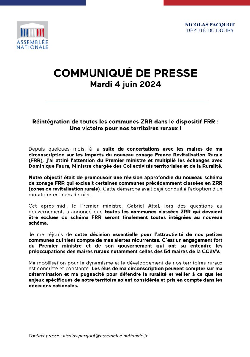 COMMUNIQUÉ DE PRESSE | Réintégration de toutes les communes ZRR dans le dispositif FRR : Une victoire pour nos territoires ruraux ! ⤵️

<a href="/comcom2vv/">CC2VV</a> ✌️

#ZRR #FRR #CC2VV #Ruralité