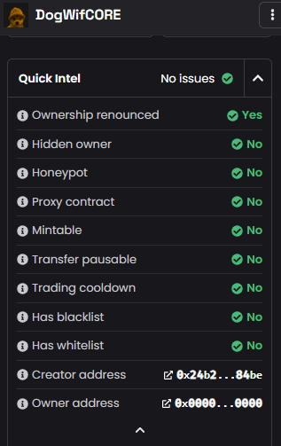 DogWifCORE's tweet photo. 🛡️ $WIF is the safest project in existence! Quick Intel shows no issues on us. Moreover, we completed audit by Ave, SolidProof and Fusion Tech. And yes we hold 0 Tokens

Buy $WIF before it's too late

OpenEX: https://t.co/d6HCI5xfVy
Chart: https://t.co/rR1AXKpW66
Bitget Wallet: https://t.co/aa68JQcDoB

CA: 0xc69b776f39006a7Fb864af5A673FffF0B2b51CFf

✅ Contract Renounced
✅ LP Locked for 69 Months
✅ 9% of $WIF sent to Vitalik
✅ Small Market Cap
✅ Team holds 0 Tokens; So no chance for rugpull
✅ Audited by SolidProof
✅ Audited by Fusion Tech
✅ Audited by Ave
✅ Listed on Ave
✅ Listed on Bitget Wallet
✅ Updated on Gecko Terminal
✅ Updated on Dexscreener
✅ CMC and CG Listings Upcoming
✅ CORE Scan Verification Pending

TG: https://t.co/lqF1Kvpa7c